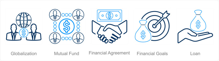 A set of 5 Finance icons as globalization, mutual fund, financial agreement