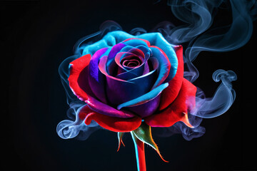 Blue, red and purple neon rose with smoke