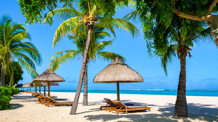 Le Morne Beach Mauritius Tropical beach with palm trees and white sand blue ocean and beach beds with umbrellas, sun chairs, and parasols under a palm tree at a tropical beach in Mauritius