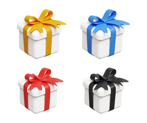 3D set of gift boxes. Special event. Icon for birthday, wedding, anniversary, valentine, christmas or new year gift. White gift boxes with colorful ribbons. 3d illustration