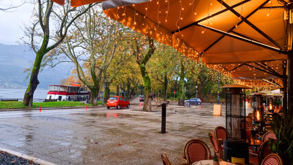 ioannina city in winter rainy days street view greece