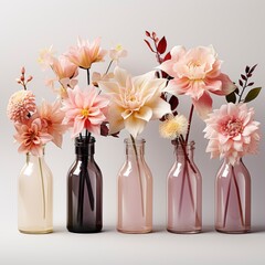 Set Beautiful Fresh Flowers Stylish Vases, Isolated On White Background, For Design And Printing