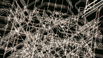 Abstract 3d stripped pattern of many crossed white lines on a black background. Animation. Beautiful changing rhombuses and figures.