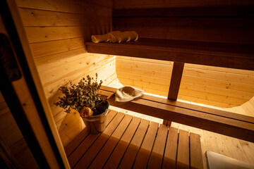 Small home wooden sauna, spa room. Relax in a hot sauna.