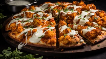 Conceptualize an image showcasing a buffalo cauliflower pizza with a spicy buffalo sauce and roasted cauliflower