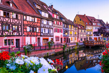 Colmar France view of the colorful romantic city of Colmar in the evening, the Historic town of...