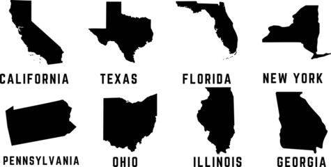 Fotobehang US State maps Vector Illustration. Showcasing California, Texas, Florida, New York, Pennsylvania, Ohio, Illinois, Georgia. Black silhouettes on white. for travel, tourism, education, geography quizzes © Arafat