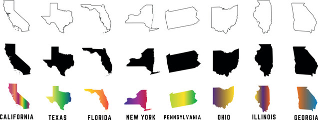 US State Outlines Vector Illustration. Black and white display of California, Texas, Florida, New York, Pennsylvania, Ohio, Illinois, Georgia. Ideal for educational materials, maps, infographics