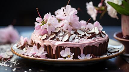 Obraz na płótnie Canvas Chocolate Ganache Tart Marble Pink Flowers Joyful Mood Blurry Background