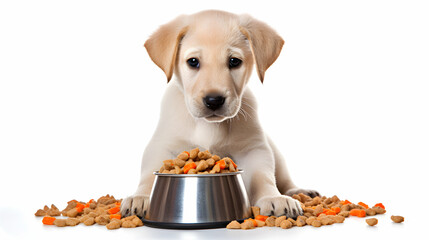 Labrador eating dry food from a bowl, isolate on a white background, generative ai