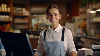 A female cashier wearing a cashier uniform happily serves customers at the shopping counter. Bright and gives good friendship to customers - obrazy, fototapety, plakaty