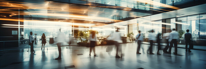 Bright business workplace with people in walking in blurred motion in modern office space, generative ai