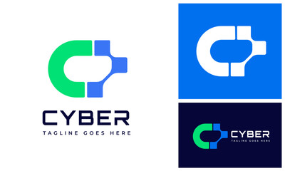 Modern initial letter C with pixel data for digital technology futuristic connection logo design