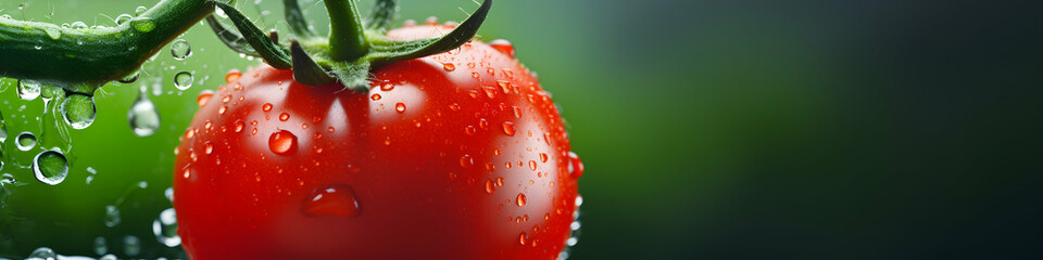 Micro close up of a fresh hanged tomato with water drops dew as wide banner with copy space area, broad header, vegetable grower, producer, generative ai - obrazy, fototapety, plakaty