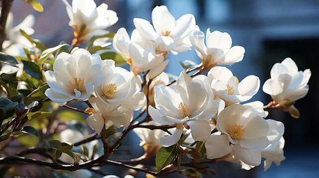 In blossoming magnolias in the park. Gorgeous magnolia blossoms in the sunlight. .