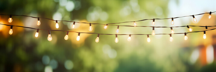 Outdoor party string lights hanging in backyard on green bokeh background with copy space, generative ai - obrazy, fototapety, plakaty