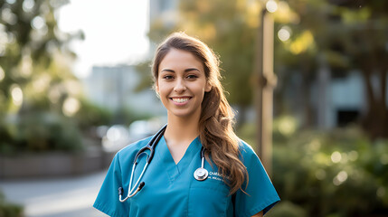 Outdoor portrait of female nurse or doctor crossing her arms smiling at camera. Generative ai.