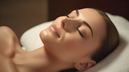 Fototapeta na wymiar Face of calm female during luxurious procedure of massage in spa room. Generative ai.
