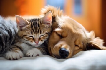 cute little puppy and kitten cuddle together to sleep - obrazy, fototapety, plakaty