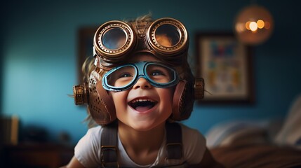 Charming kid playing with flying goggles - obrazy, fototapety, plakaty