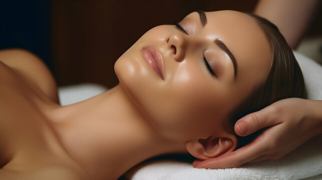 Face of calm female during luxurious procedure of massage in spa room. Generative ai.
