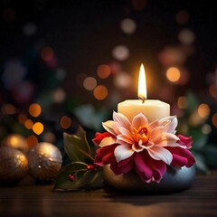 Obraz na płótnie Canvas Large burning aroma candle decoration big flowers, cute Christmas bokeh background.Generative AI