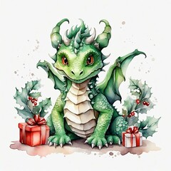 Obraz premium Watercolor in New Year's style cute green dragon in red Santa hat. Generative AI.