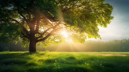 Spring background with green tree, sunlight and sun rays, panorama with copy space, easter greeting card template, generative ai