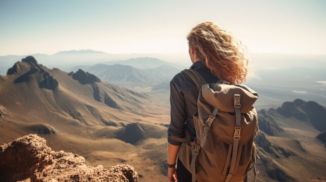 Young woman from behind looking at the horizon from the top of a mountain. He carries a backpack on his back. Health. Lifestyle. Nature. Image generated with AI