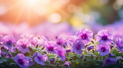 Purple petunia flowers bed on beautiful blurred nature background, magical garden with copy space, web header, wide banner, generative ai