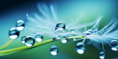 Dandelion seeds in droplets of water on the turquoise background