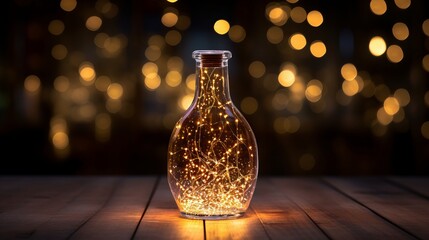 Christmas lights in a glass bottle on a dark background - obrazy, fototapety, plakaty