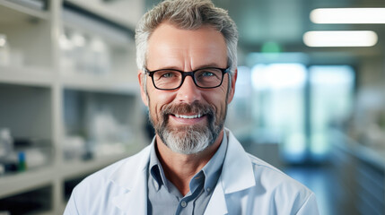 Fototapeta premium Headshot of middle-aged male scientist in a research laboratory
