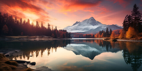 
A beautiful sunset over a lake with mountains in the background.