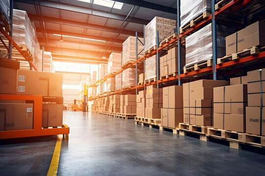 Retail warehouse full of shelves with goods in cartons, with pallets and forklifts. Logistics and transportation blurred background. Product distribution center, generative ai