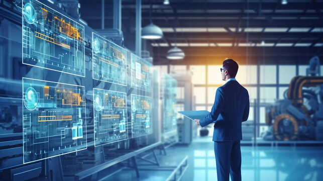 Manager engineer check and control automation robot arms machine in intelligent factory industrial on monitoring system software