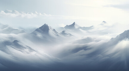 Monochrome mountain peaks shrouded in soft mist.