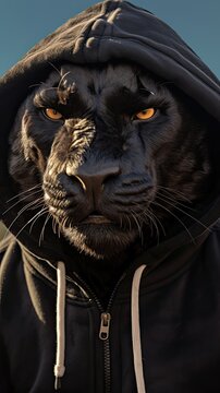 grim looking black jaguar wearing a black sweatshirt - outdoor portrait