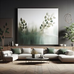 Serene Arboreal Elegance Abstract Green Leaves and Minimalist Landscape on Large Canvas Oil Painting for Modern Living Room Decor"