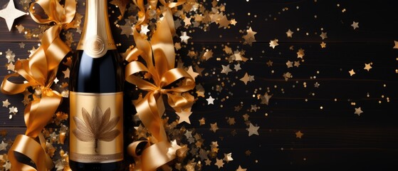 Champagne bottle and shiny ribbons with gold stars lay flat on a black color background. Generative ai