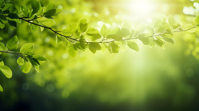 Spring background with green twigs, sunlight and sun rays, panorama, web header with copy space, seasonal wallpaper, Easter card template, generative ai