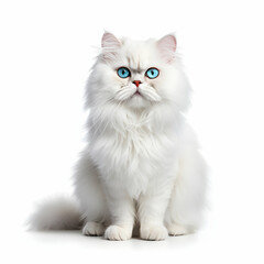 White Persian cat sits on an isolated white background, generative ai