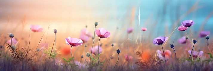 Fotobehang Wild flowers plant on summer or autumn nature background with copy space, panorama view, web header, seasonal wallpaper, generative ai © pawczar