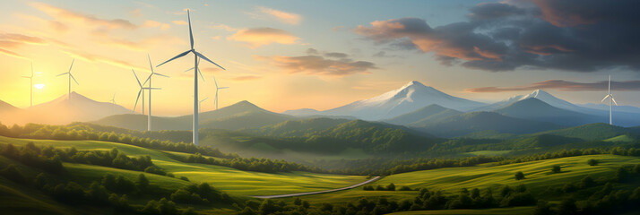Wind farm, environmental protection, green forests and mountains in the background, setting sun, colorful, panoramic header, generative ai