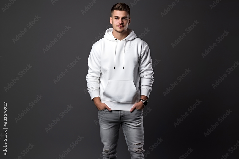 Wall mural male young model in white blank hoodie on gray background. clothes mockup. ai generative