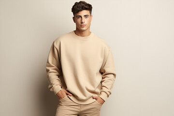 Male young model in beige blank sweatshirt, sweater on beige background. Clothes mockup. AI Generative