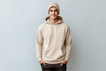 Male young model in beige blank hoodie on gray background. Clothes mockup. AI Generative - obrazy, fototapety, plakaty