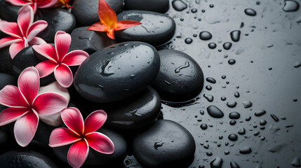 Zen or spa basalt stones with flowers petal background, beauty salon header with copy space, generative ai