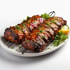 Grilled Pork Barbecue Roasted Shish Kebab, Isolated On White Background, For Design And Printing