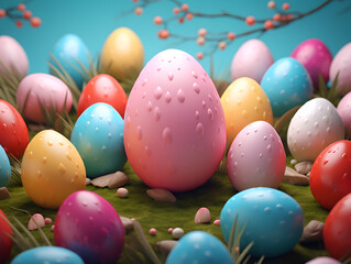 Fototapeta na wymiar Colorful Easter eggs background Colorful Easter eggs with floral pattern Hunting for Easter Treasures: A Collection of Colorful Eggs 